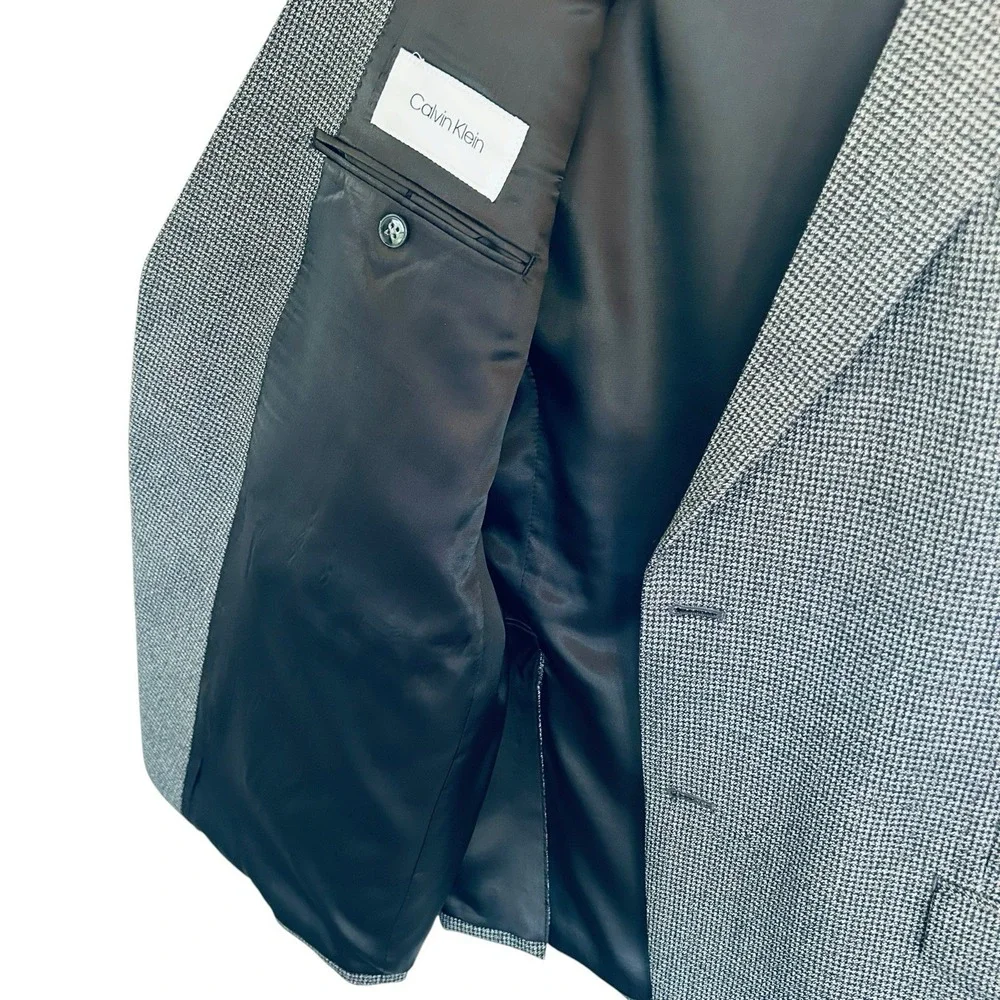 Calvin Klein 48L Gray Black Houndstooth Wool Blazer 2 Button Double Vent Sport